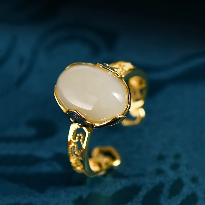 High-grade Ancient gold craft inlaid with Natural Hotan Jade oval rings for women charm and light luxury wedding jewelry