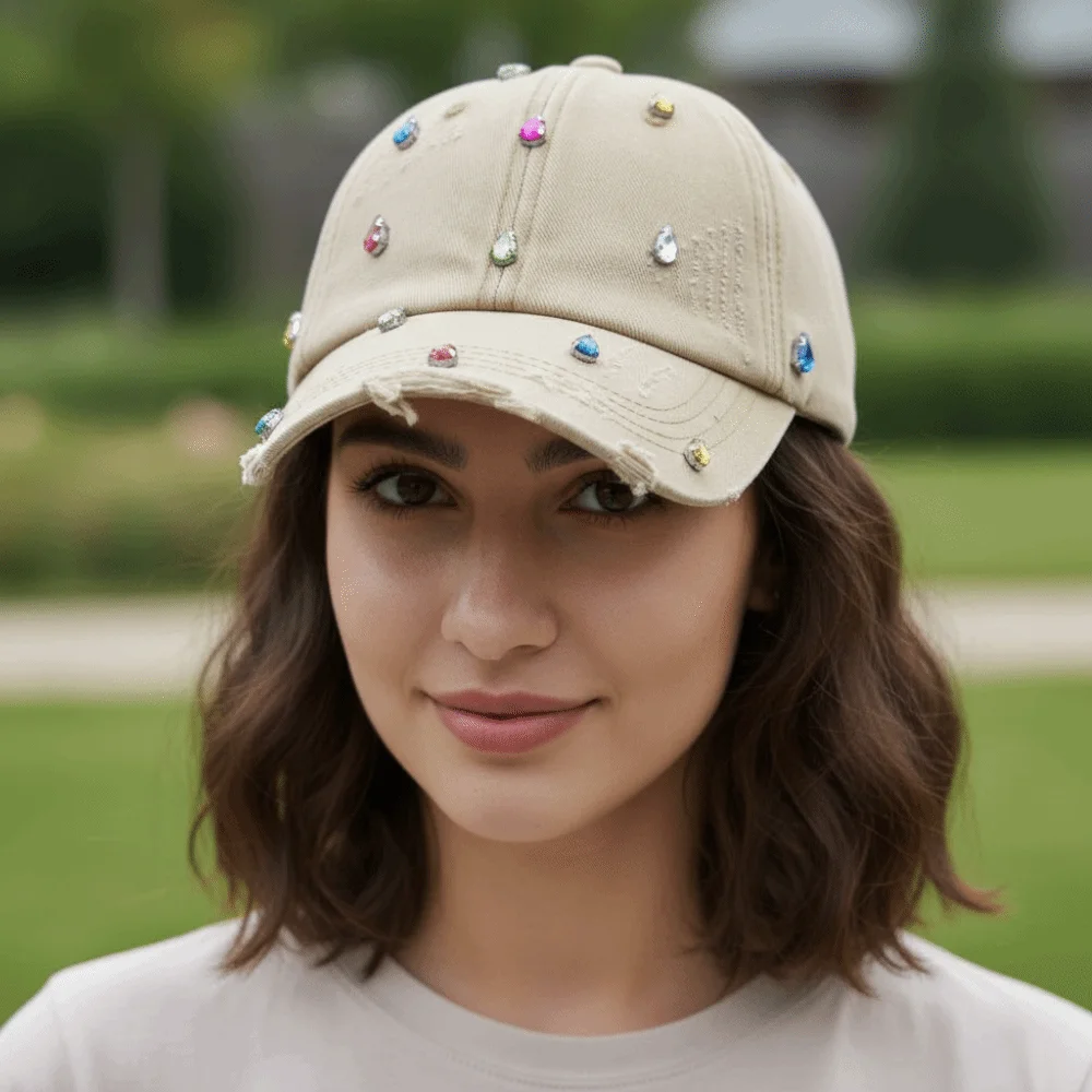 

Versatile Creative Colorful Rhinestones Baseball Cap Distressed Design Cotton Sunscreen Hat Fashion Duckbill Hat Sun Hat Summer