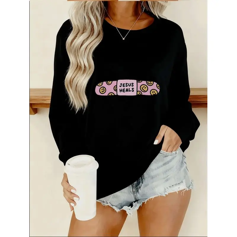 Women's  Oversized Joyful Face T-Shirt - Long Sleeve Curvy Top with Round Neck, Comfy Elegant Blouse for Big Size Ladies