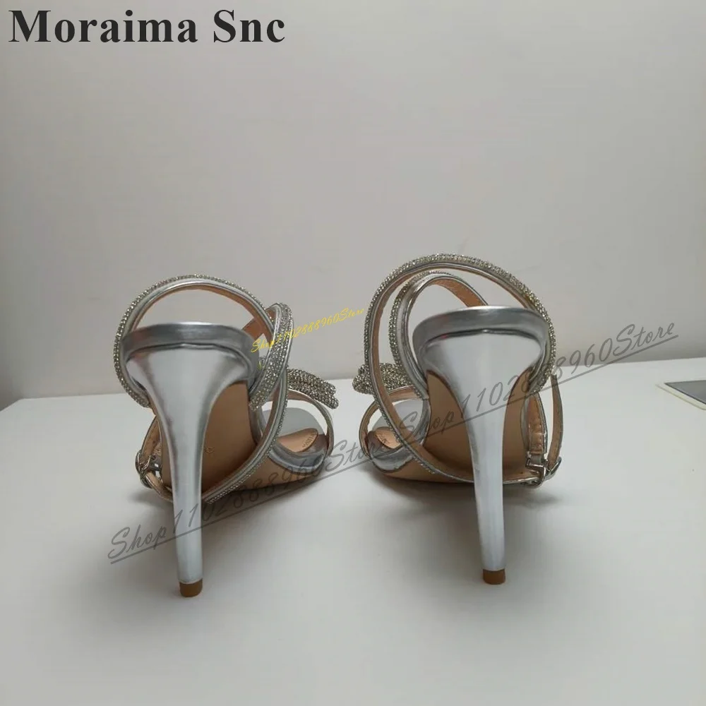 Metallic Zilveren Kristal Bling Sandalen Dunne Hoge Hak Damesschoenen Enkelgesp Riem Open Teen 2024 Mode Zapatos Para Mujere