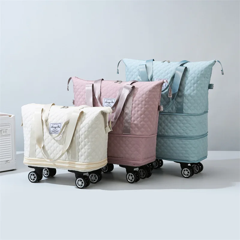 travel-bag-large-capacity-diamond-grid-expandable-luggage-bag-with-universal-wheels-wet-and-dry-separation-storage-bag