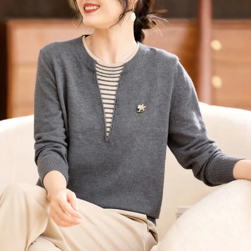 Women Spring Fake Two Piece Knit Top Striped Inner Decor Long Sleeve Loose Mom Sweater