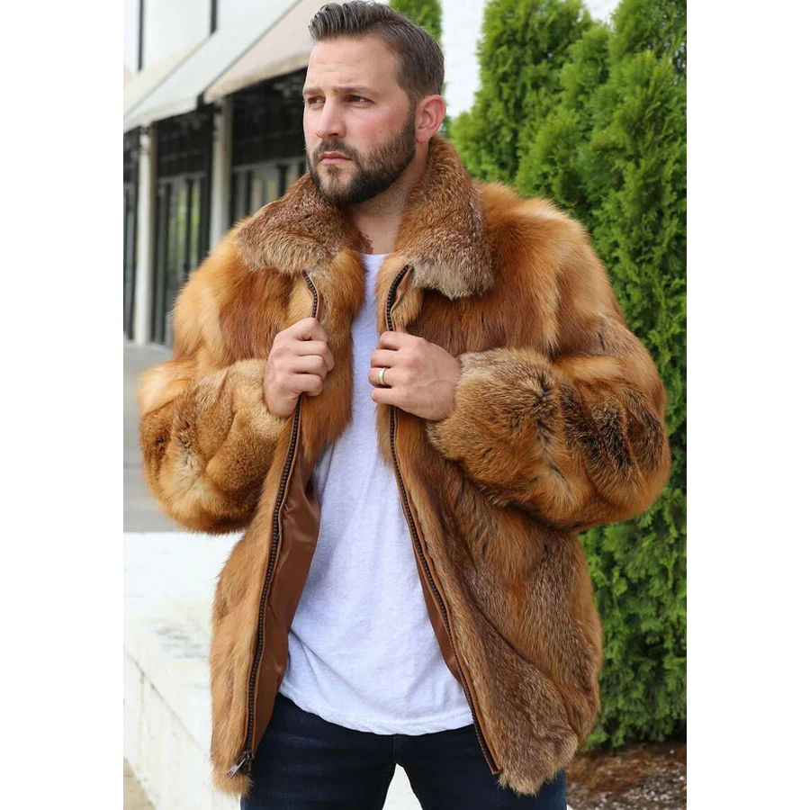 

Men's Full Skin Genuine Red Fox Fur Bomber Jacket 2024 New Casual Coats Real Fox Fur Jackets