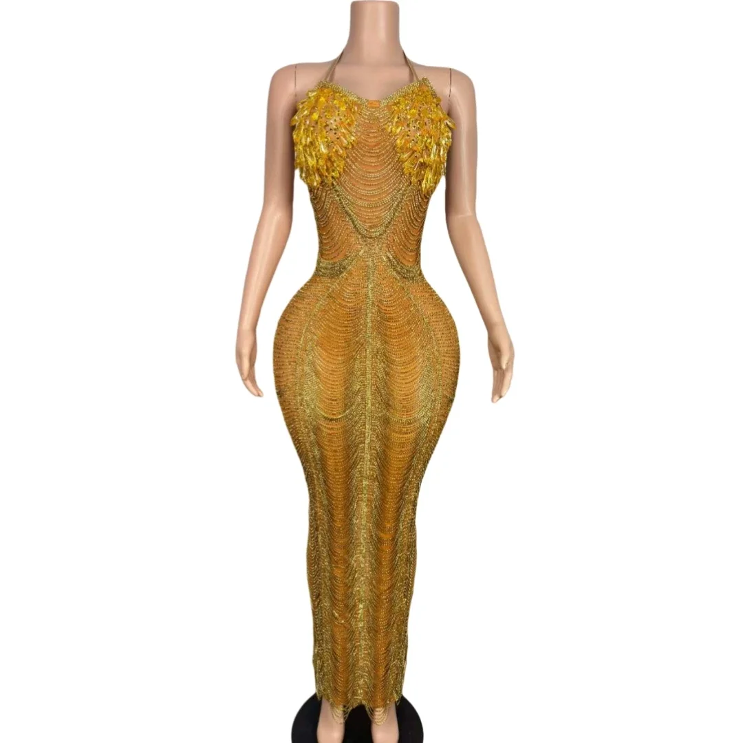 

Gold Sparkly Rhinestone Drill Chain Long Dress For Women Goddess Senior Photoshoot Props Homecoming Celebrate Las Vegas Show