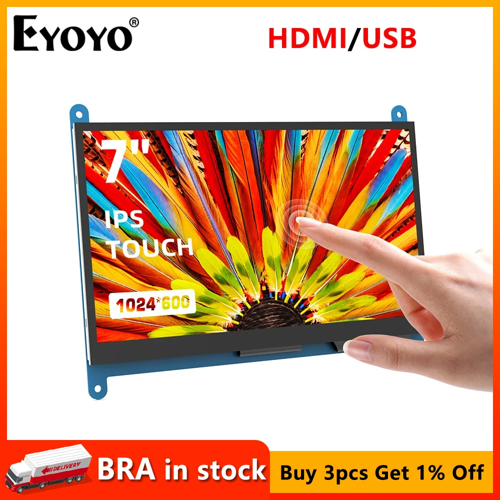 Eyoyo 7 Inch Capacitive Touchscreen 1024x600 IPS HDMI Display For Raspberry Pi 4/3/2/B/B+/A+ Monitor,Drive-free,Support Win 8/10