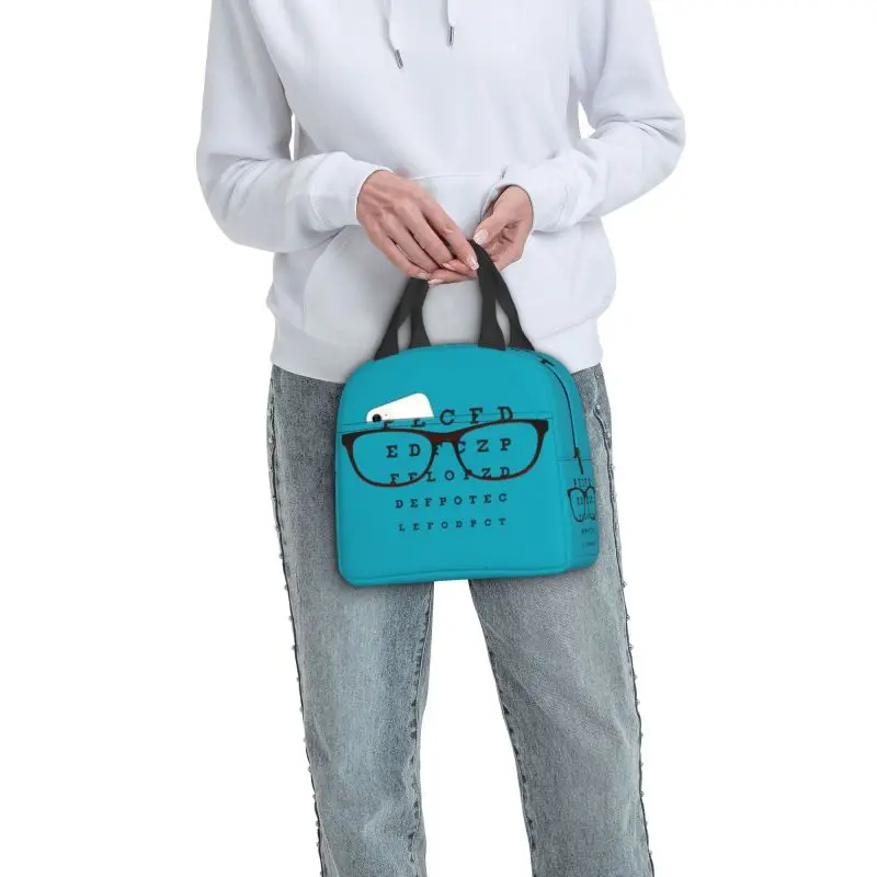 Custom Funny Glasses With Eye Test Chart Lunch Bag Women Optician Optometrist Warm Cooler Insulated Lunch Boxes for Adult Office