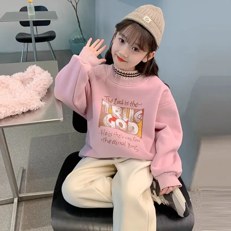 

Зимняя новая водолазка без капюшона для девочек 2025 года, утолщенная стильная детская толстовка на флисовой подкладке для детей