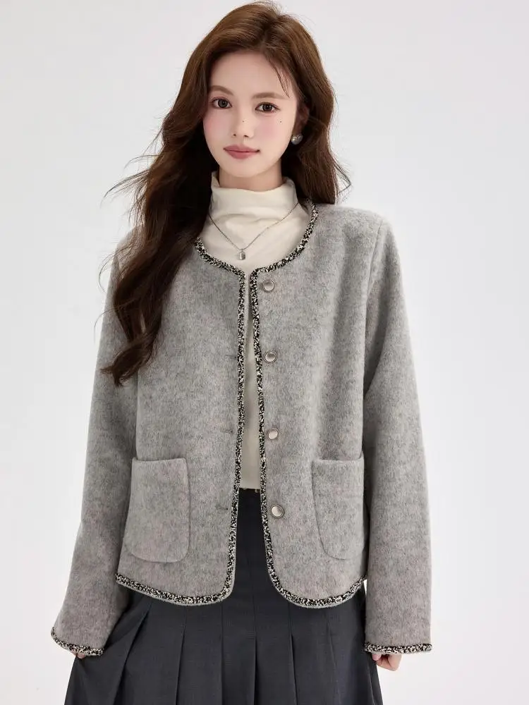 

Осень-зима, серое лоскутное короткое пальто с длинными рукавами, женское пальто 2025 года, новая мода, однобортные куртки с карманами в корейском стиле, популярные