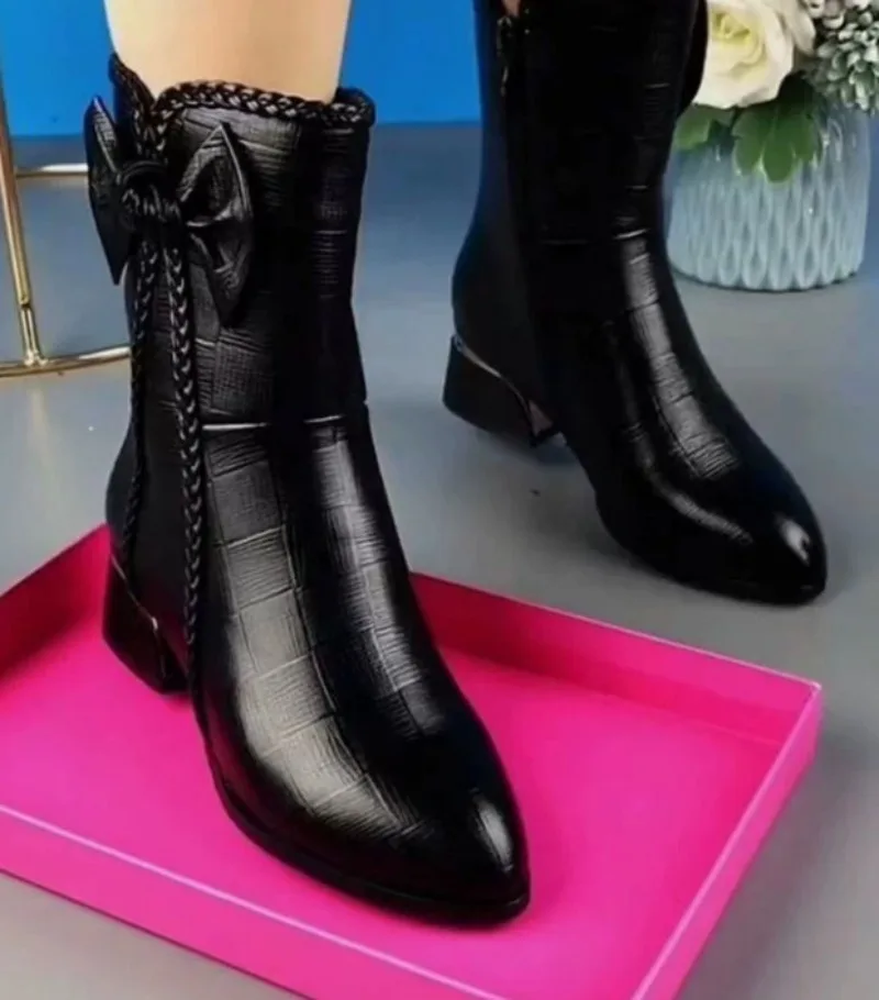 Cowboy Boots for Women High-top Faux Leather Winter Shoes Retro Womens Boots Heeled Ankle Boot Western Warm Plush Botas De Mujer