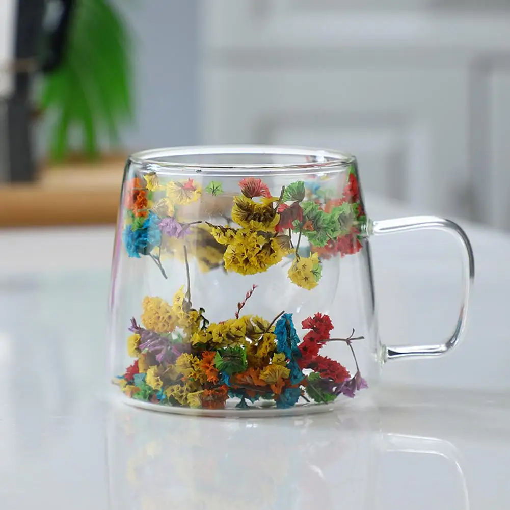 

200ML Tumbler Double Walled Glass Cups with Real Dried Flowers Heat Resistant Coffee Mugs Floral Tea Cups Kitchen Accessories