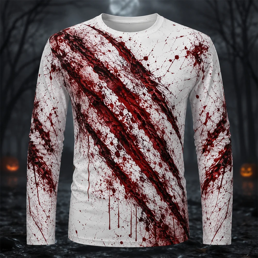 3D Print Horror Red Blood Pattern Halloween Long Sleeve T Shirts For Men Handprint Scratch Design Halloween Party Unique Tee Top