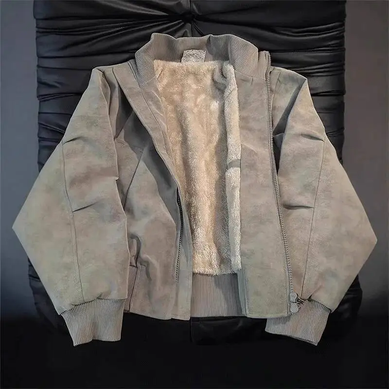 Thickened Fleece American Dyed PU Leather Jacket Cotton Coat Men's Short Stand Collar Motorcycle Style Winter Warm Outerwear