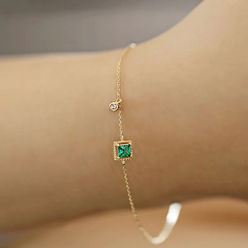 New 925 Sterling Silver Square Bracelet Charm Temperament Green Zircon Shiny Woman Bracelet Birthday Gift Exquisite Accessories