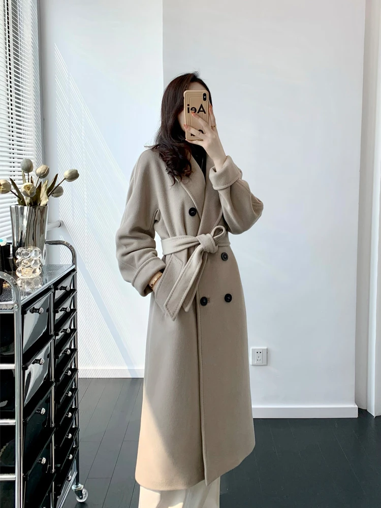 

2023 Autumn Winter New 20% Cashmere Long Coat Women Wool Coats Lapel Long Sleeve Double-breasted Luxury Warm Lace-up Female Clot