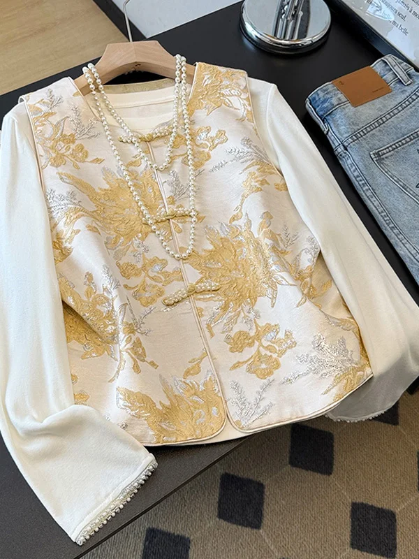 

Новая коллекция 2026: Женский модный комплект из атласного жилета с вышивкой и цветочным узором в китайском ретро-стиле