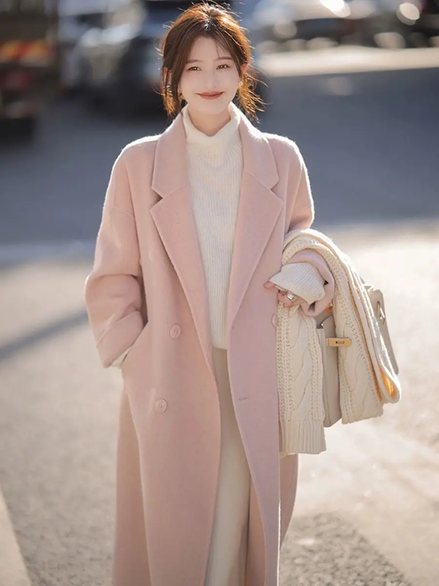 

Pink Harbor Style Woolen Coat for Women Medium to Long 2025 Autumn and Winter New Style Thickened Small Woolen Versatile Coat