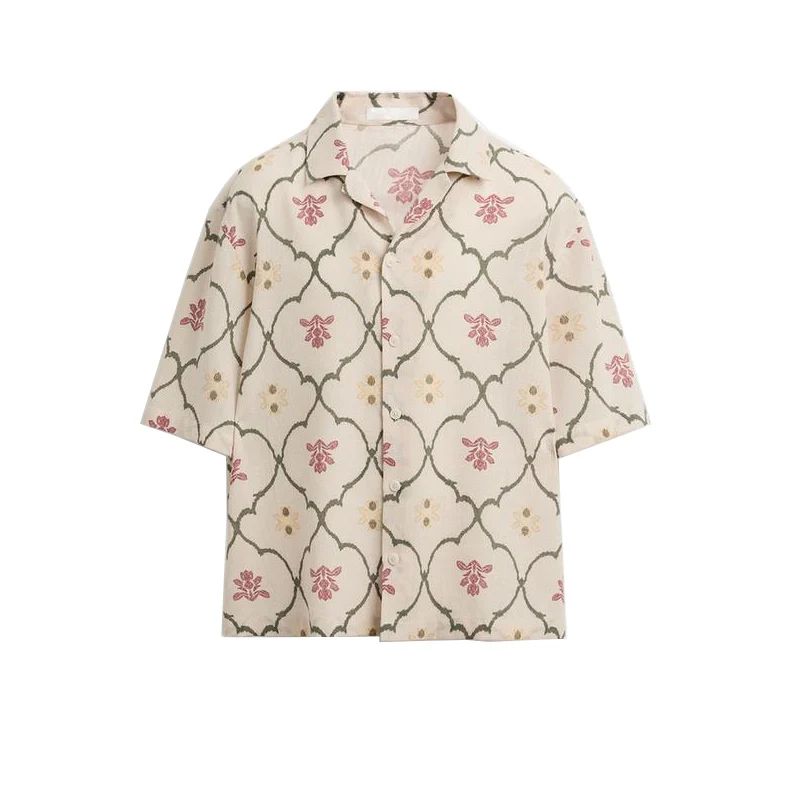 

Summer Men's Loose Fit Printed irt ort Sve Bowling Collar Diamond Pattern Casual Vintage Loose Floral Patterned irt