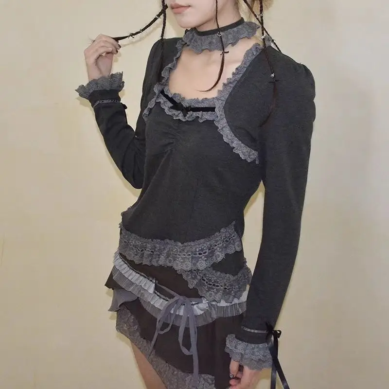 Y2k Vintage T-shirt Vrouwen Harajuku Patchwork Kant Halter Lange Mouw Crop Top Grunge Chic Vierkante Kraag Slanke Tees 2025