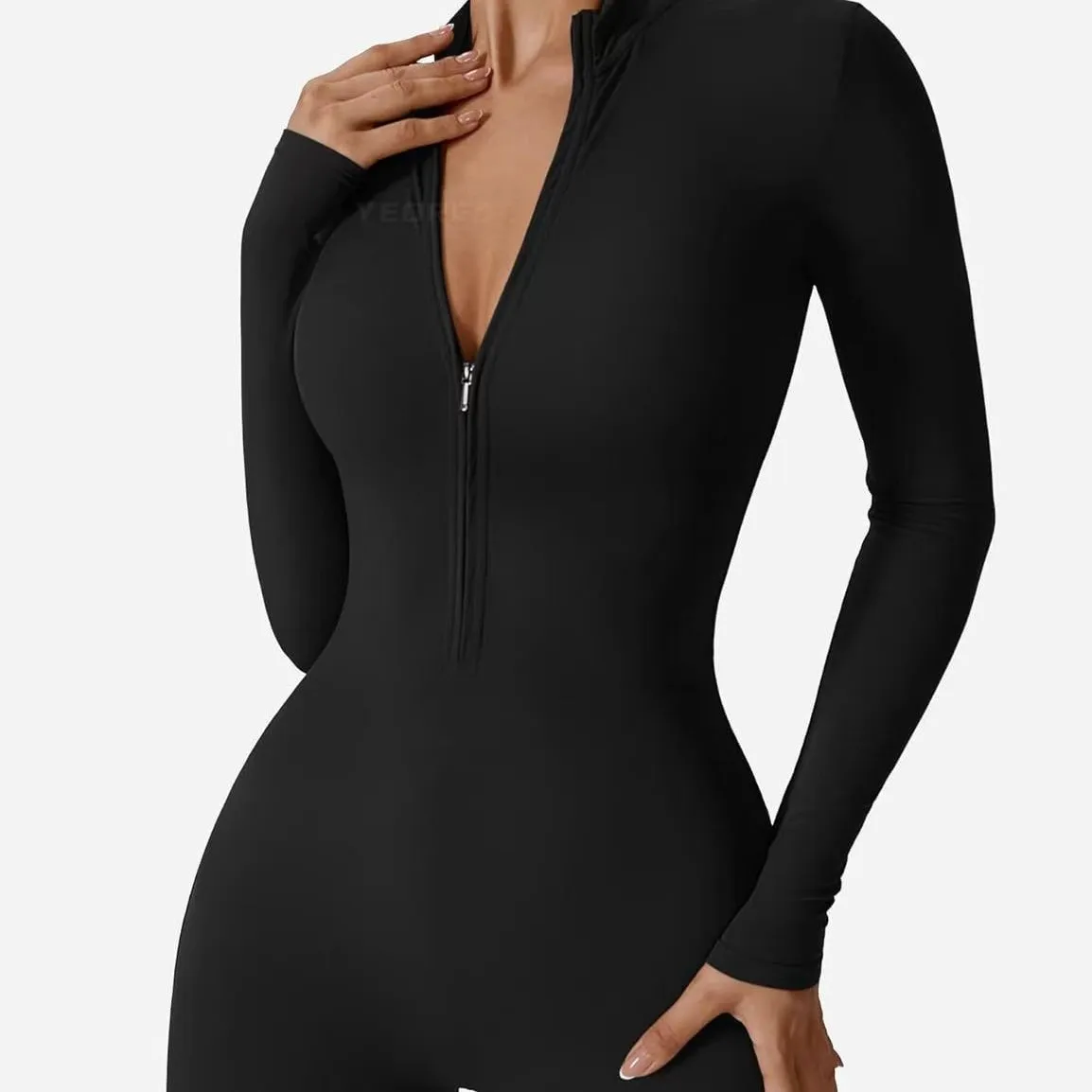 Tuta da fitness con cerniera nuda a maniche lunghe, tuta da fitness aderente per sport all'aria aperta traspirante ad asciugatura rapida