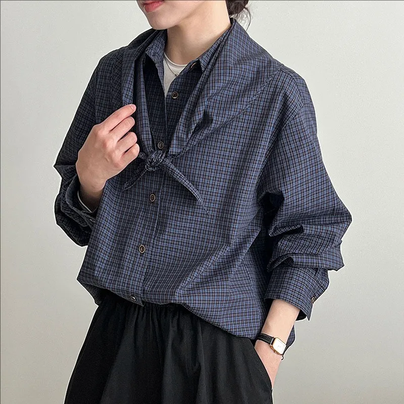 

Autumn new casual blue plaid loose long sleeve shirt women clothing 2025
