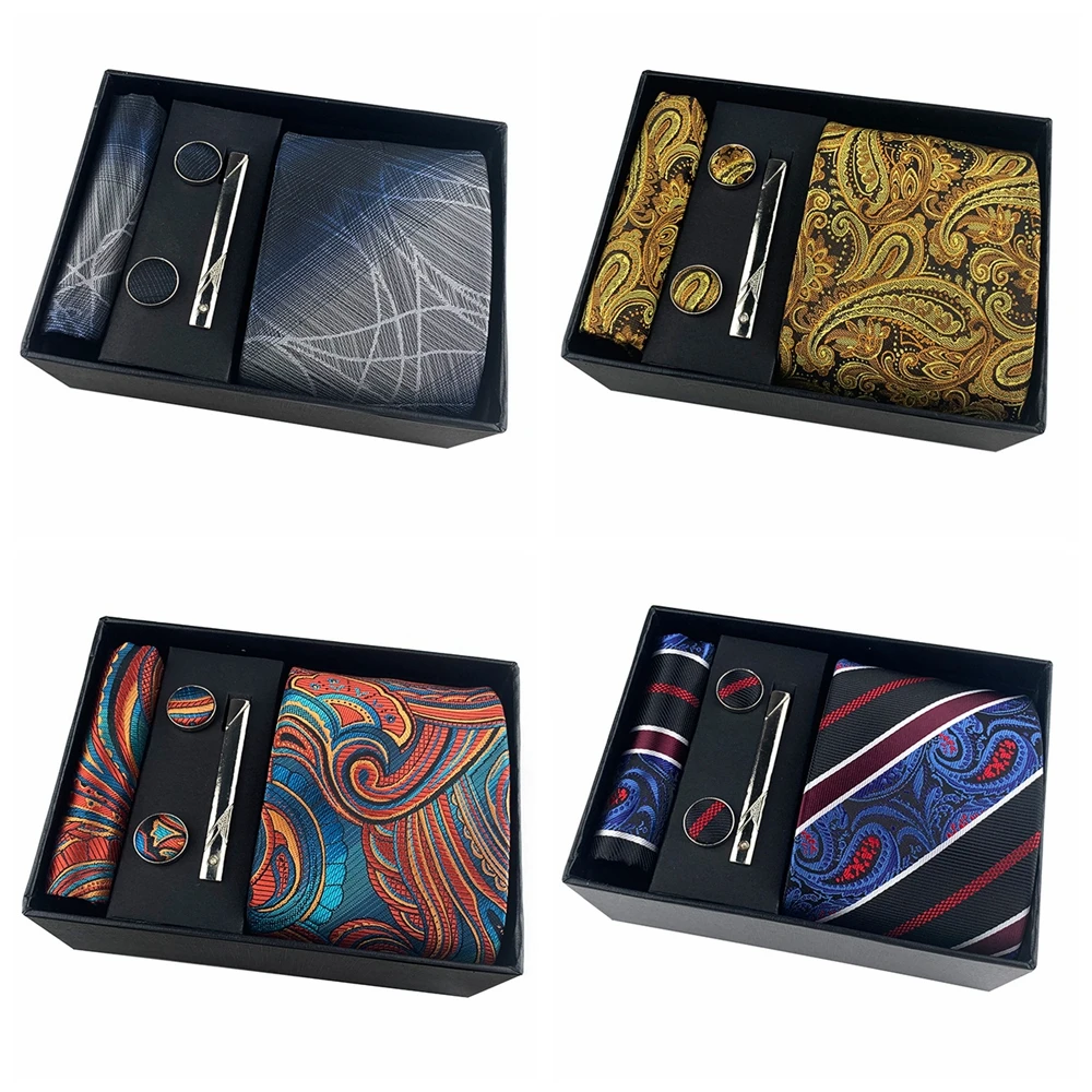 HUISHI Luxury Tie Set For Men Gift Black Box Fashion Paisley Necktie Handkerchief Cufflinks Clip Set Solid Dark Blue Neck Ties