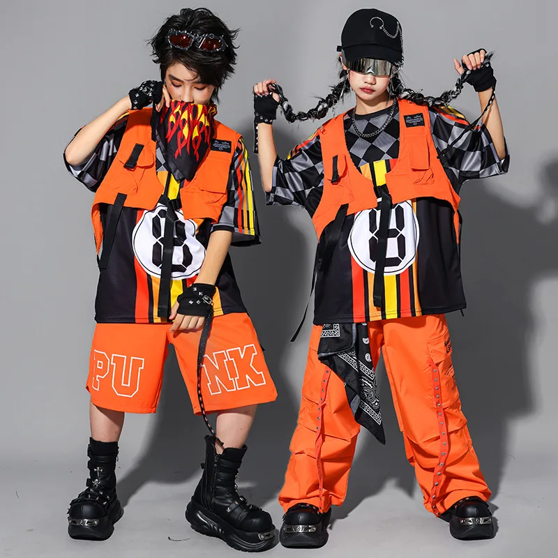 Ragazzi Hip Hop Moda K-pop Top a righe Pantaloni cargo arancioni Ragazze Pantaloncini da ballo di strada Abiti Gruppo Streetwear Set di vestiti jazz