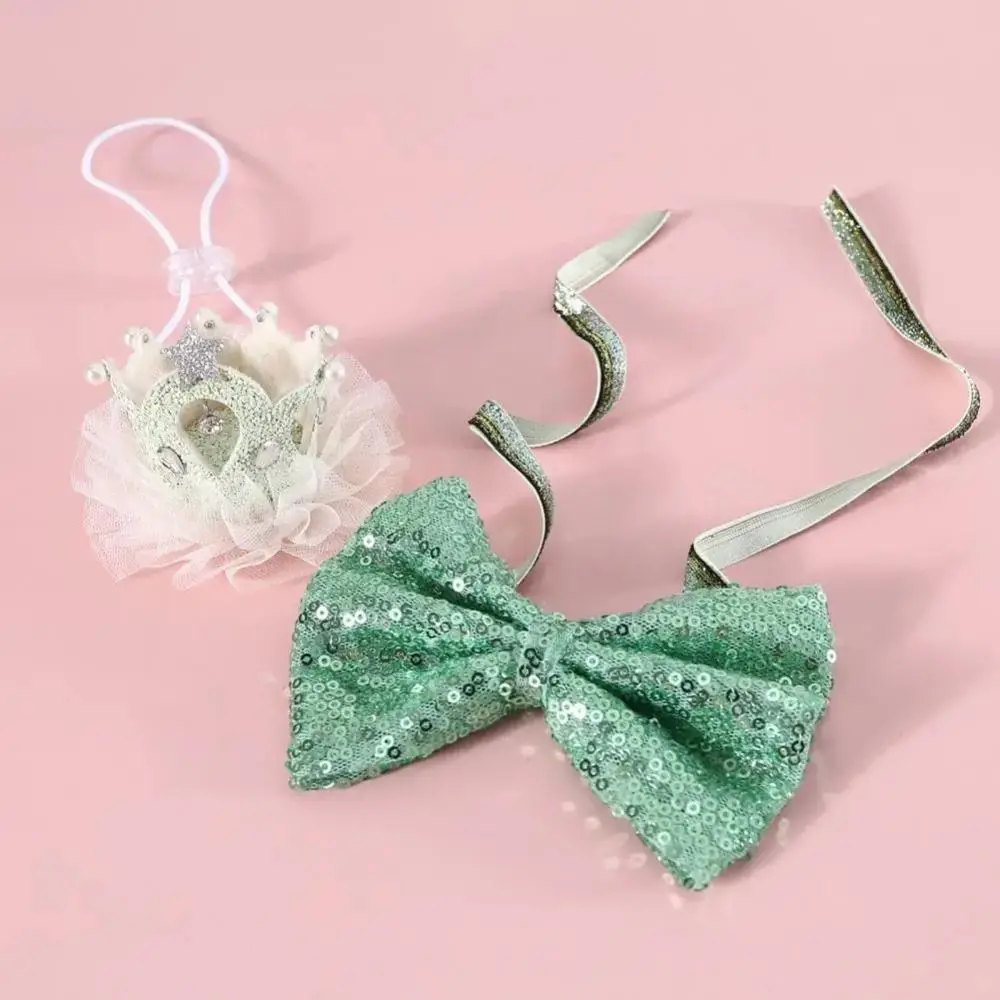 

2Pcs/Set Creative Pet Sequin Bow Tie Adjustable Blingbling Pet Crown Collar Elegant Bowknot Decorative Pet Headpiece