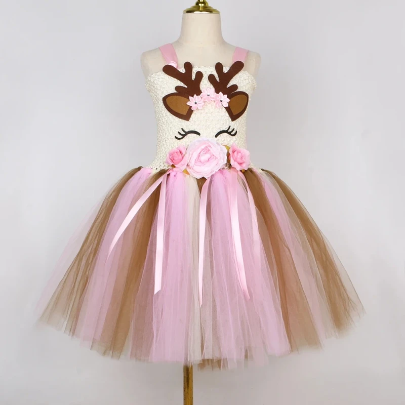 Flowers Deer Costume for Girls Christmas Elk Reindeer Tutu Dress Kids Halloween Carnival Party Cartoon Animal Dress Up Outfit