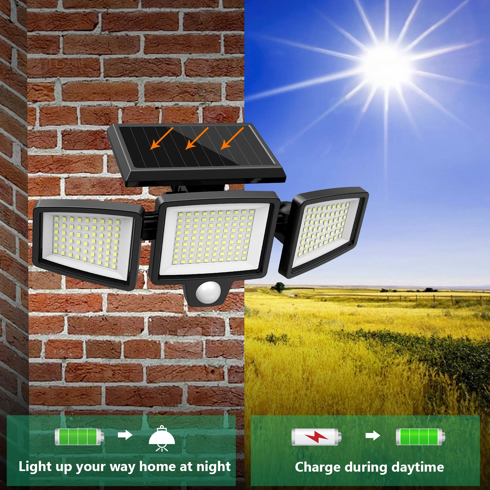 Three-Head Outdoor Waterproof Solar Light with 200+ LEDs and Motion Sensor Security Light for Porches, Garages, Yard Entrances,