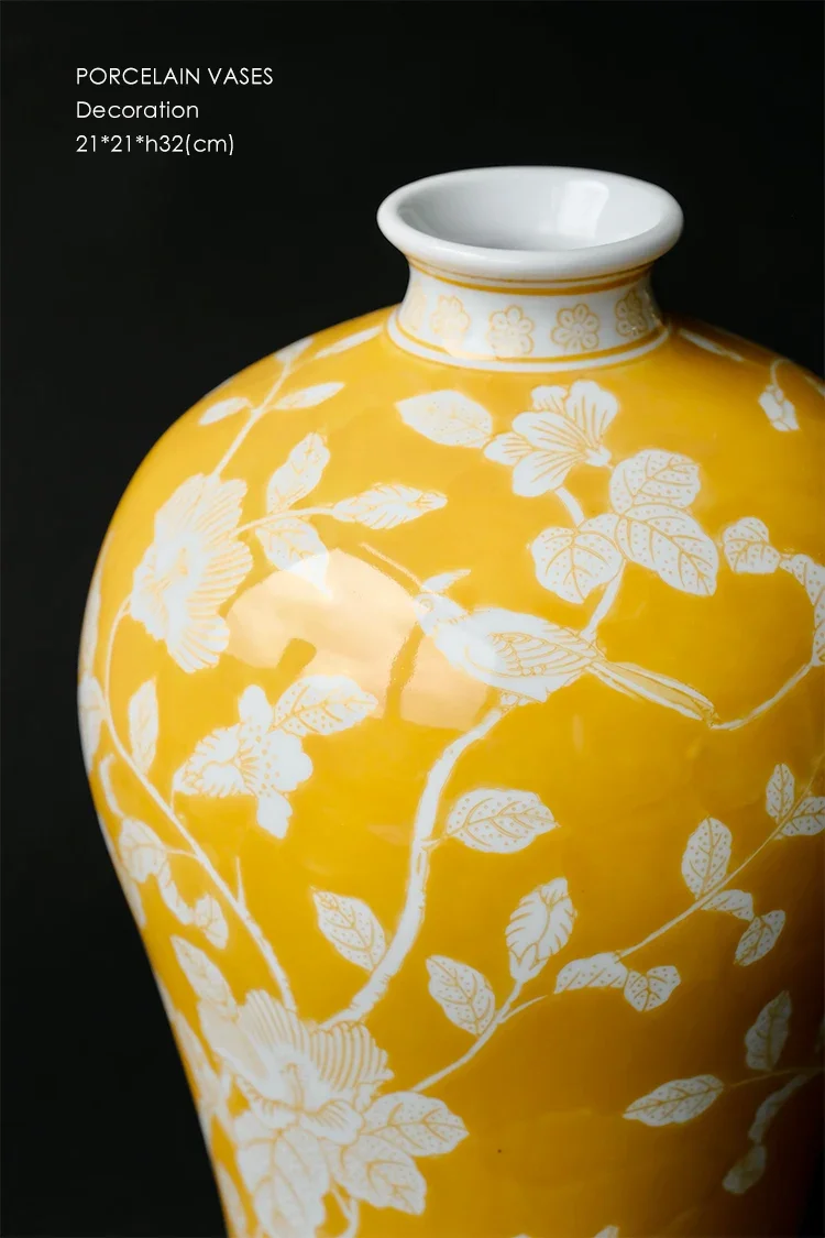 Vase yellow ceramic plant flower underglaze high-end retro desktop suitable for new Chinese ornament in the entrance living room