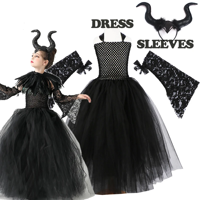 Halloween Maleficent Costume for Kids Cosplay Carnival Party Clothes Set Girls Witch Evil Queen Ball Gown Robe Tulle Tutu Dress