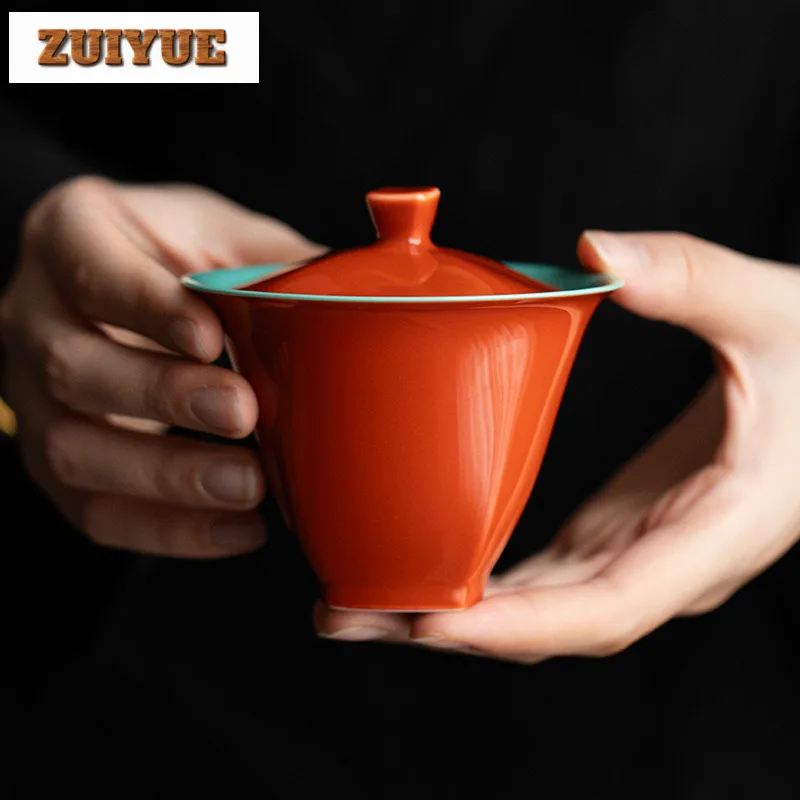 135ml Handmade Palace Red Ceramic Gaiwan Ancient Turquoise Tea Tureen Tea Bowl With Lid Kit Tea Making Cover Bowl Tea Services