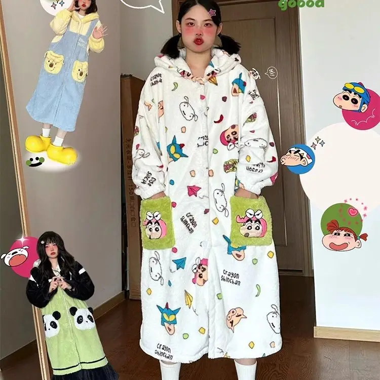 Women Crayon Shin-Chan Hooded Flannel Robe Cute Cartoon Fleece Nightgown Zipper Long Bathrobe Warm Loose Winter Plush Sleepwear