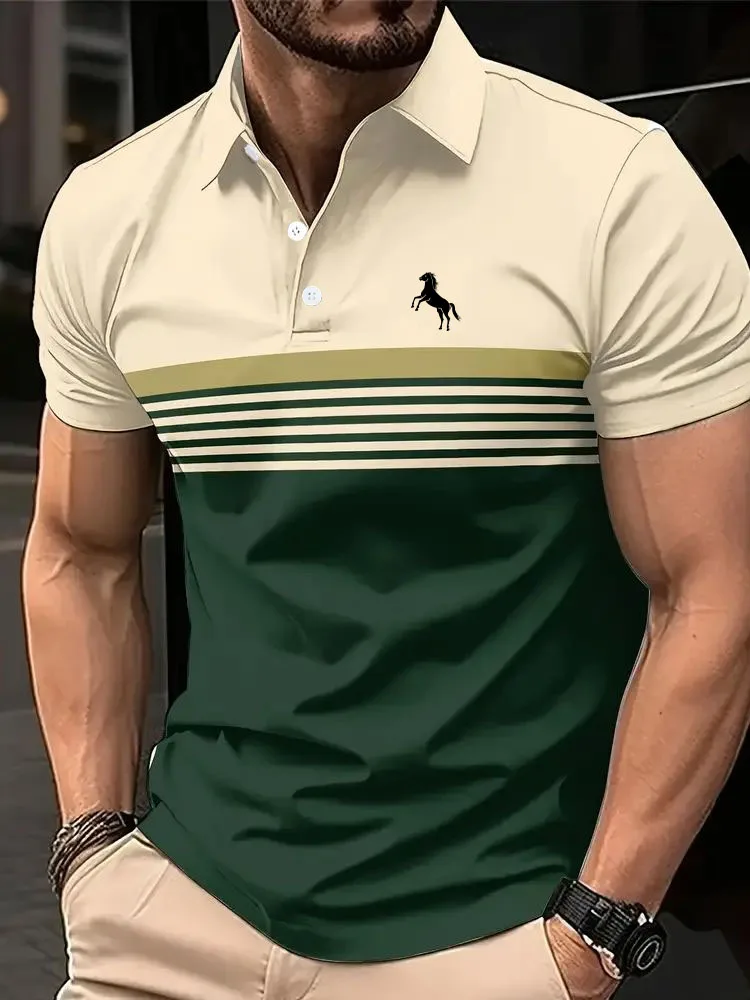 Men's Casual Short Sleeve Polo Shirt with 3D Horse Print Striped Color Block Design Sporty Style Collared Golf Shirt for Summer image 3