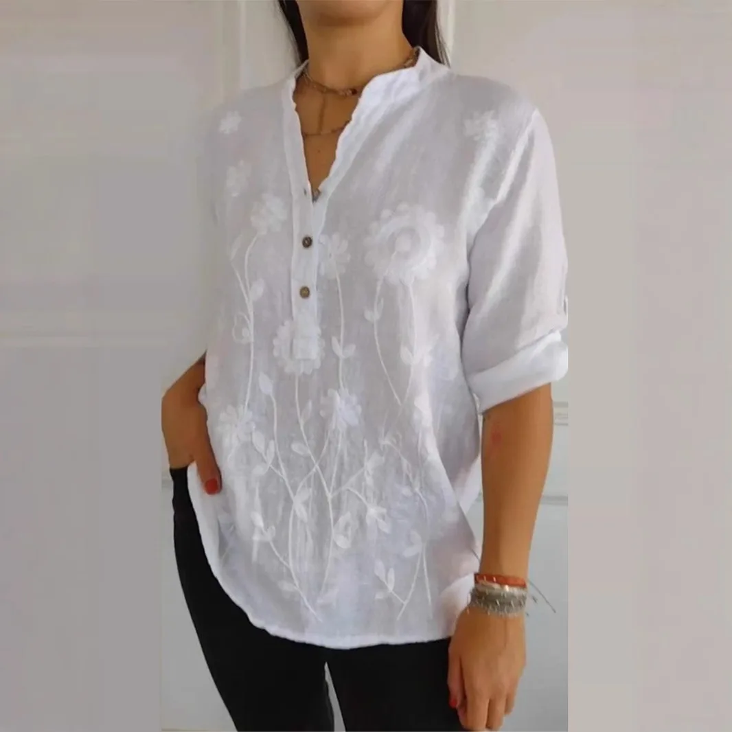 

New spring and summer women's lace embroidered button-up V-neck shirt Europe and America