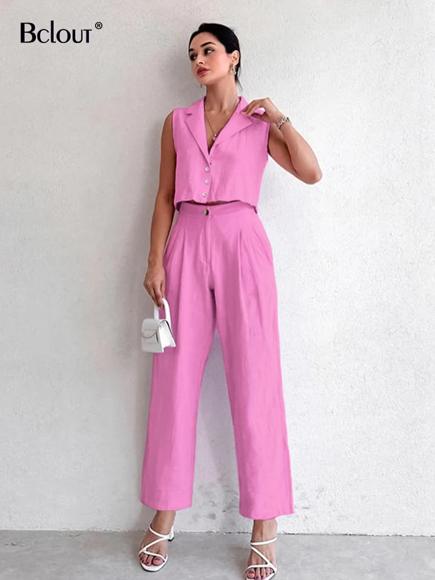 Bclout Summer Linen Long Pants Sets Women 2 Pieces Fashion Notched Collar Office Lady Tops Casual Solid Long Pants Suits Female