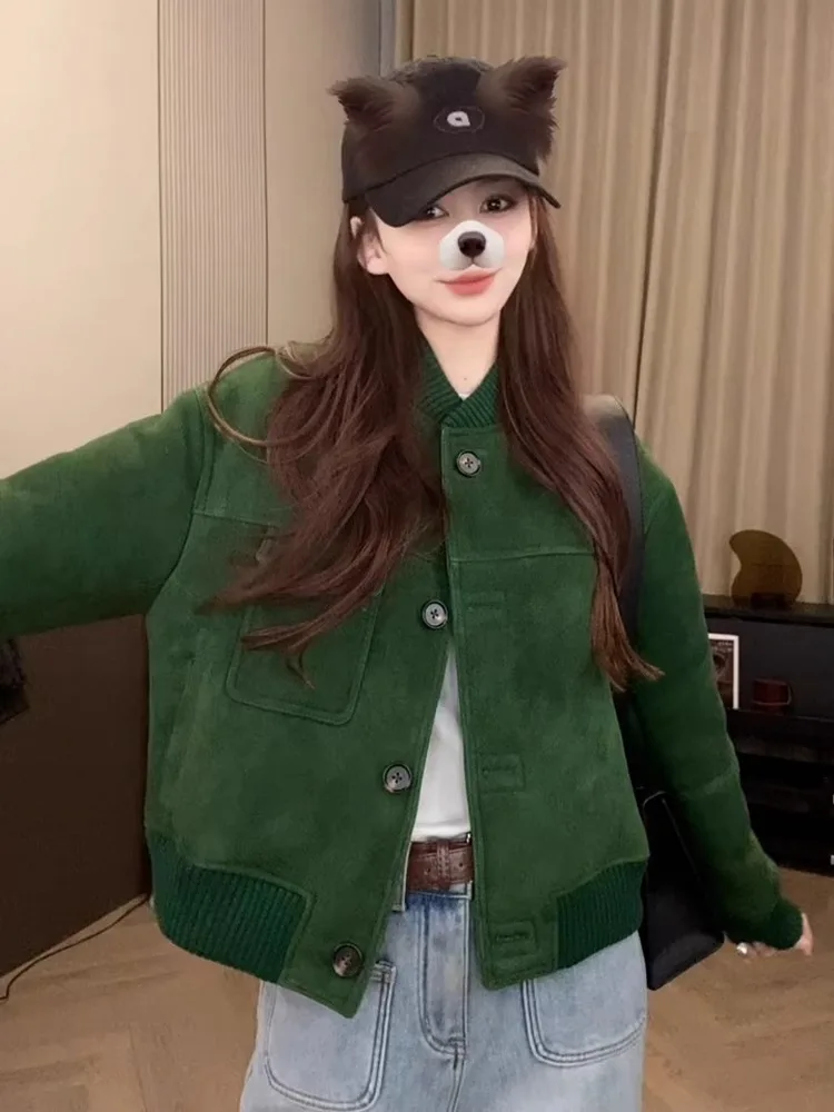 

Женская американская миниатюрная зеленая укороченная замшевая куртка-парка зима-осень шерпа на флисовой подкладке бейсбольный стиль теплая повседневная верхняя одежда