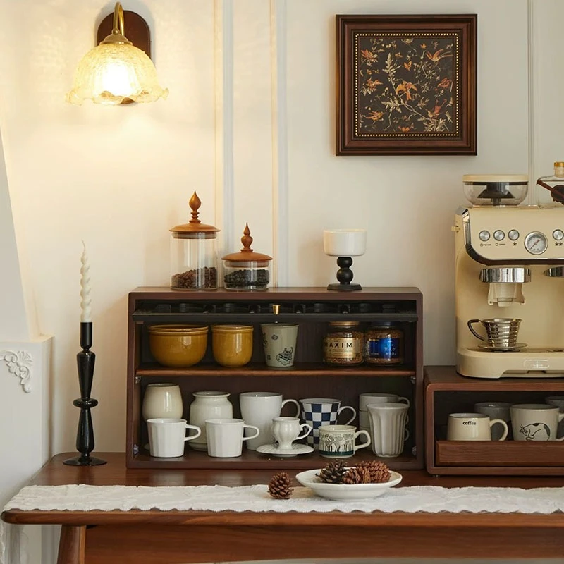 Coffee Corner Shelf Slient Dust-proof Height Adjustable Storage Holders Large Capacity Classical Retro Farmhouse Home Storage