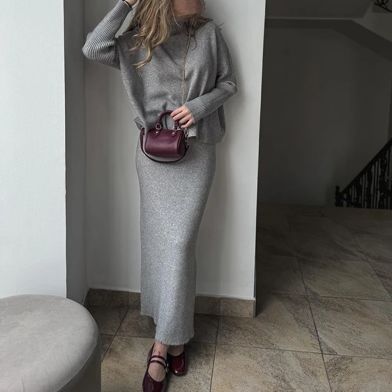 Elegant Commuting Sweater Solid 2Pc Sets Women Causal Knitted Outfits Fashion Turtleneck Long Sleeve Pullover & Long Skirt Suit