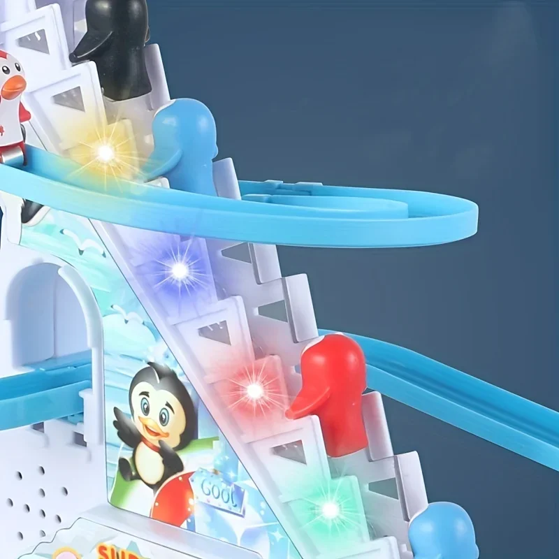 Conjunto de corrida de pinguim, conjunto de slide de pinguim, luzes led piscantes, pista de corrida, escada, brinquedos de escalada, presente de feriado para crianças