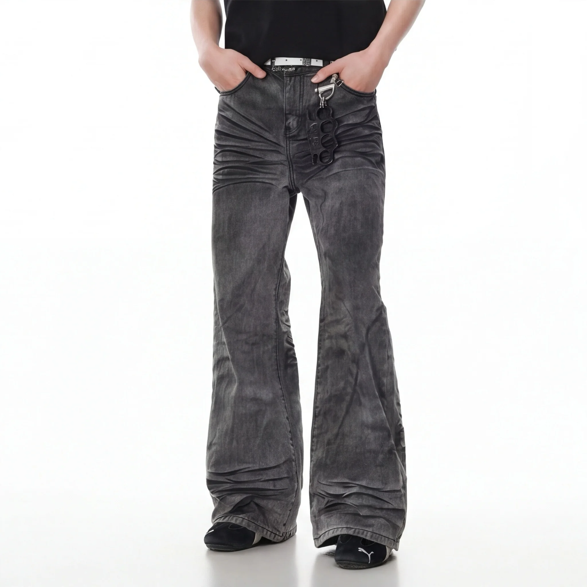 

Brand Clothing Men's Original Black Dirty Wash Straight Leg Jeans American High Street Slight Flare Long Pants Summer Casual