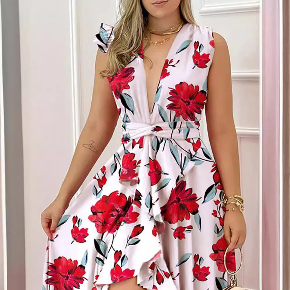 2024 Spring High Waist Red Korean Stand up Neck Long Dress with Printed Elegance Commuter Sleeveless Strap Style Dress