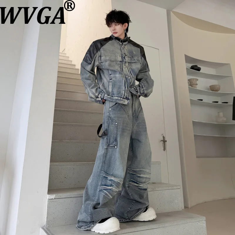 WVGA Spring Autumn New Men American Style Deconstructed Patchwork Leather Stand-collar Short Coats Wide-leg Jeans Set Ins W27332
