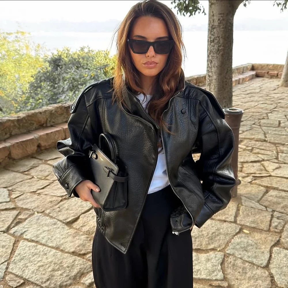 Tuularose الوقوف طوق المرأة سترة كم كامل زر مزدوج الصلبة الإناث سترات من الجلد الخريف موضة ملابس خارجية شارع العليا #4