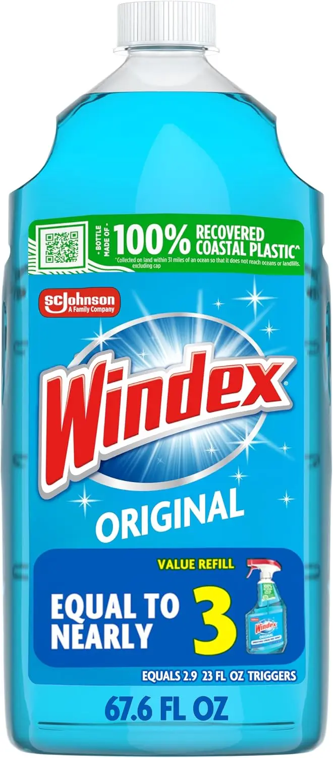 

Windex Refill Glass and Window Cleaner Bottle, Bottle Made from 100% Recycled Plastic, Surface Cleaning Spray, Original Blue Sce