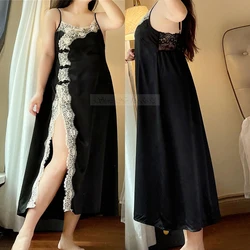 Large Size 4XL Female Long Nightgown Sleepwear Sexy Patchwork Lace Split Suspender Nightdress Chemise Sleepwear Satin Homewear