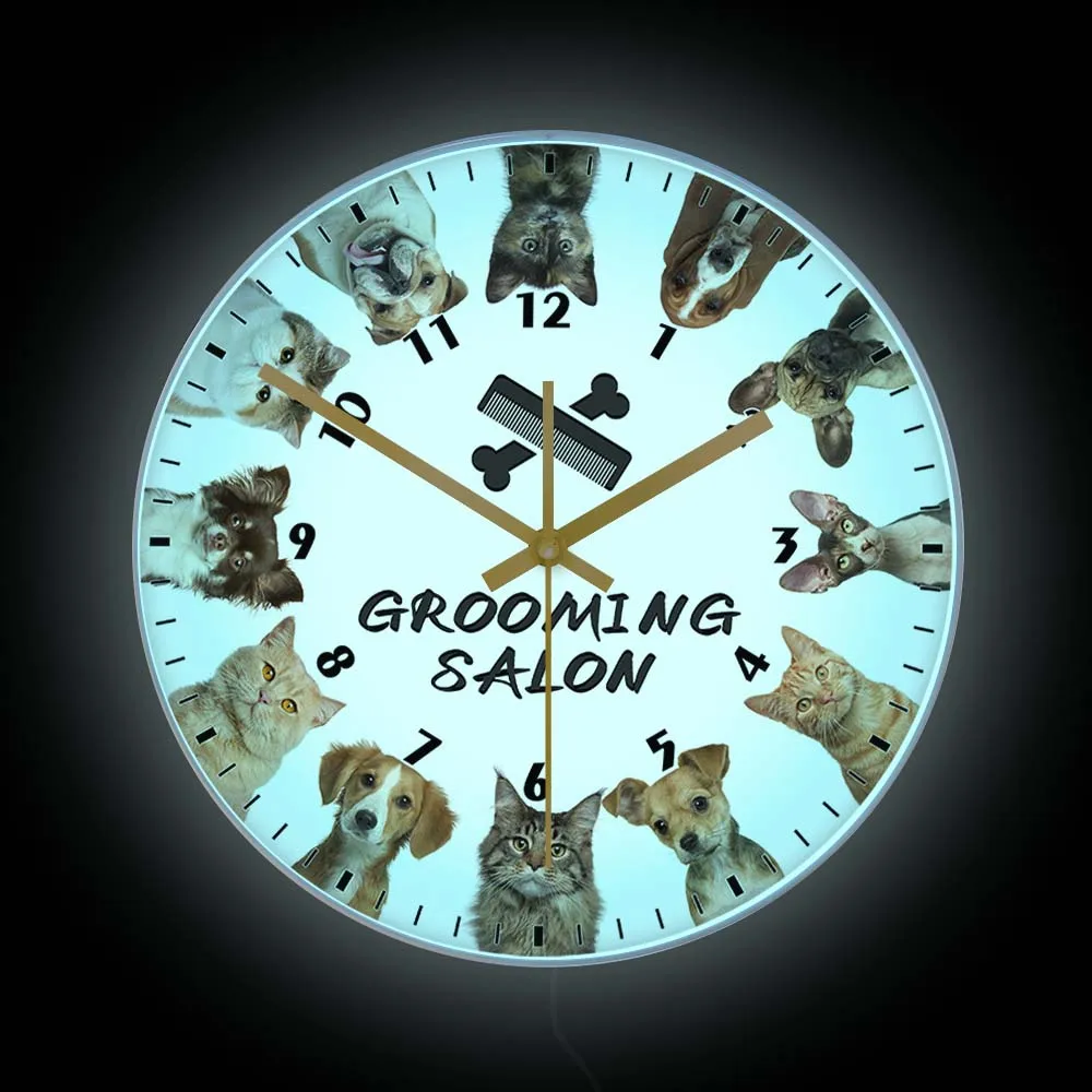 

Cat And Dog Grooming Salon Custom Name LED Light Wall Clock For Business Display Pet Groomer Neon Light Sign Glowing Wall Clock