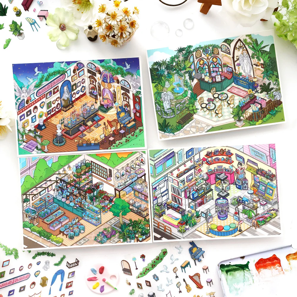 Esposizione d'arte Kawaii 3D Giardino caffè Paesaggio Adesivo Fai da te Scena di cabina tascabile Regali di Natale ﻿