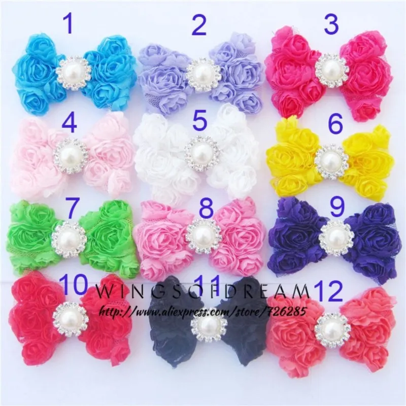 (10pcs/lot)12 Colors Mesh Tulle Rosset Bow With Bling Pearl Button For Kids Vintage Shabby Chic  Lace Flower bow