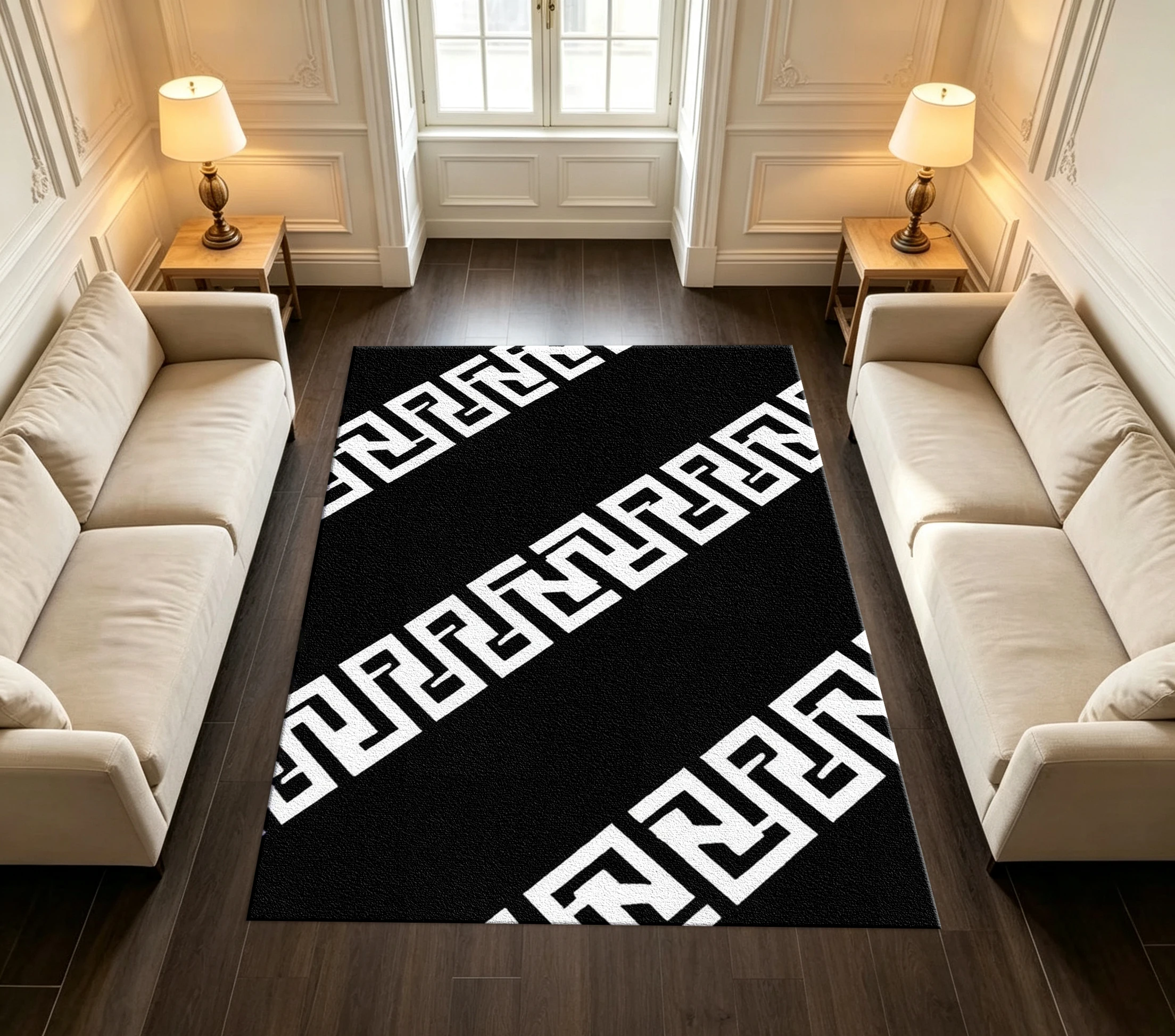 Black and White Greek Key Pattern Geometric Border Carpet Classic Ethnic Style Indoor Home Carpet